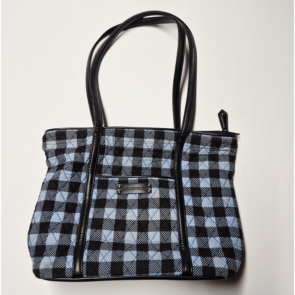 Vera Bradley Alpine Check Quilted Tote Bag Blue Black Plaid Trimmed Handbag EUC